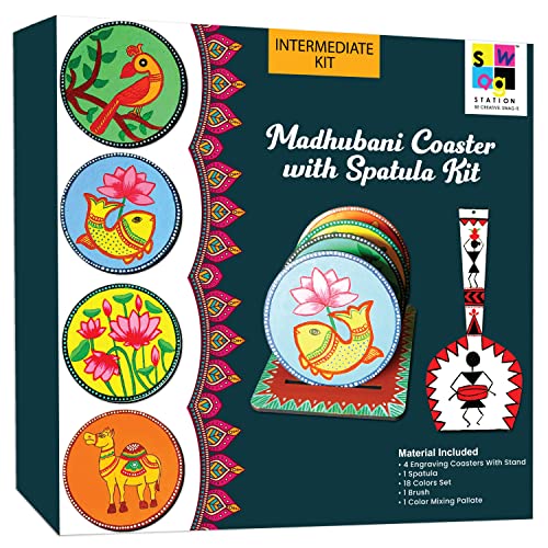 SWAGSTATION Madhubani Art Kit,Pre Marked Tea Coaster with Spatula for Painting,Birthday Gifts for Girls 9-12, Art kit for Adults,Coaster with Spatula Kit - 07 - Image 2