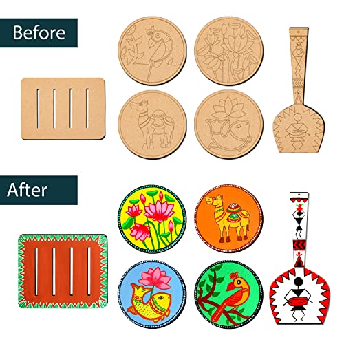 SWAGSTATION Madhubani Art Kit,Pre Marked Tea Coaster with Spatula for Painting,Birthday Gifts for Girls 9-12, Art kit for Adults,Coaster with Spatula Kit - 07 - Image 3