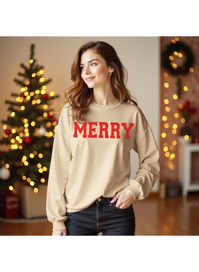 إيروريكس قمصان عيد ميلاد سعيد للنساء، تي شيرت بأكمام طويلة، مطبوع عليه حروف عيد ميلاد سعيد، ملابس عطلة لطيفة - Image 1