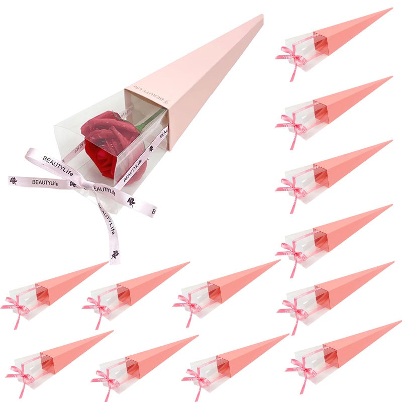 Ylapagne 12 Pcs Flower Bags for Bouquets Single Rose Sleeve Box Transparent Triangle Rose Bag DIY Flower Wrapping Paper for Graduation Wedding Birthday Floral Arrangement (Pink) - Image 1