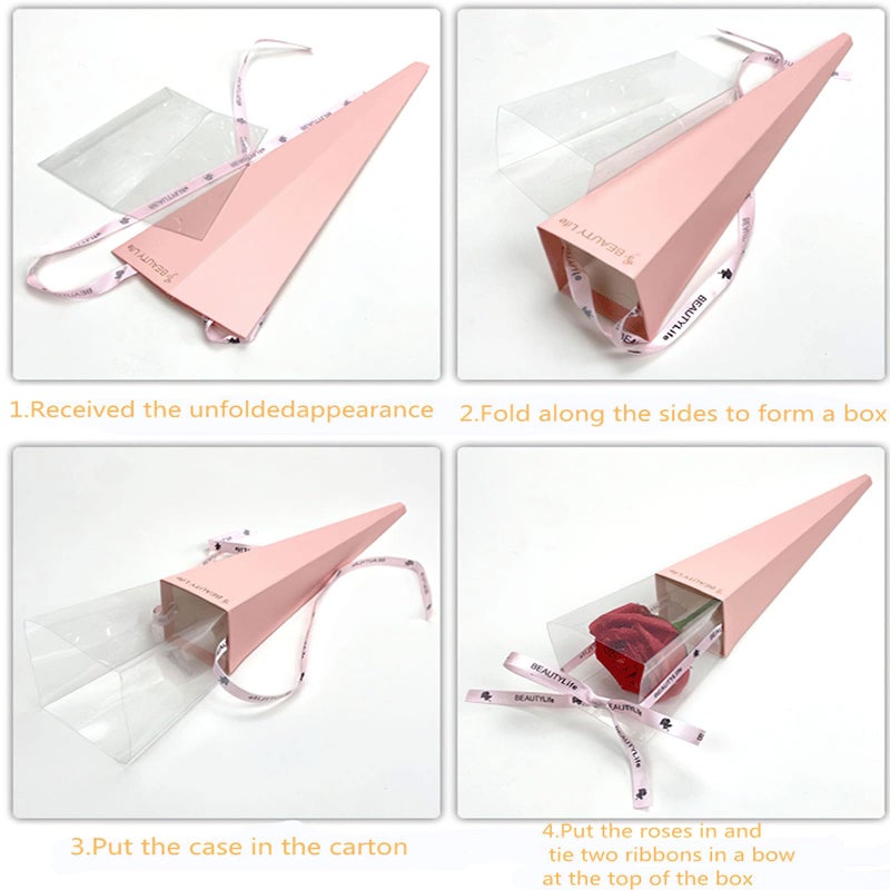 Ylapagne 12 Pcs Flower Bags for Bouquets Single Rose Sleeve Box Transparent Triangle Rose Bag DIY Flower Wrapping Paper for Graduation Wedding Birthday Floral Arrangement (Pink) - Image 5