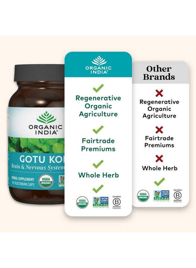 Organic India Gotu Kola - Centella Asiatica Herbal Supplement - Adaptogen for Brain & Nervous System Support, Vegan, Gluten-Free, USDA Certified Organic, Non-GMO, Calming, Mental Clarity - 90 Capsules