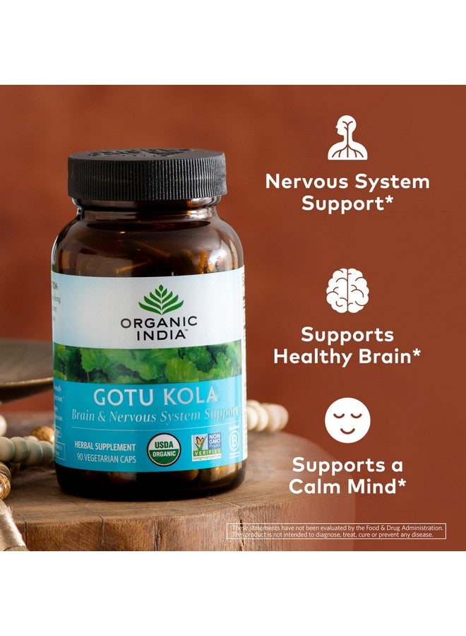 Organic India Gotu Kola - Centella Asiatica Herbal Supplement - Adaptogen for Brain & Nervous System Support, Vegan, Gluten-Free, USDA Certified Organic, Non-GMO, Calming, Mental Clarity - 90 Capsules