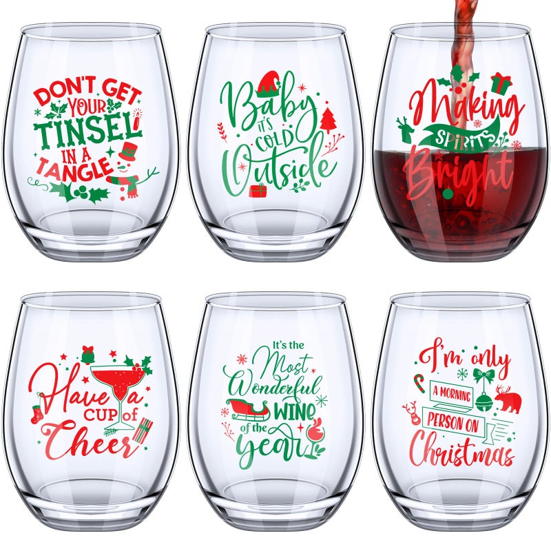 Funtery 6 Pcs Christmas wine Stemless Glass Funny Christmas Gift Set for Teacher Men Women Family Friend Coworker Gift Ideal Birthday Wedding Party SuppliesNovel Style