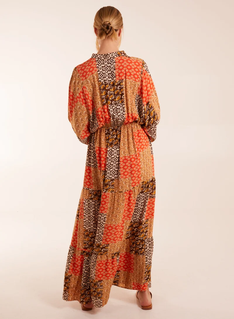 Blue Vanilla Abstract Patchwork Pattern Maxi Shirt Dress