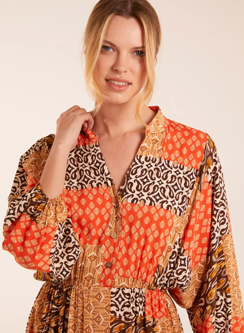 Blue Vanilla Abstract Patchwork Pattern Maxi Shirt Dress