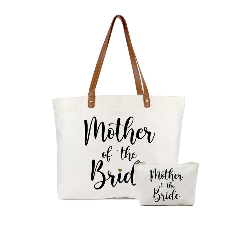 Lamyba Mother of the Bride GiftsMother of the Bride Tote Bag With Makeup BagBridal Shower GiftsTop Zipper Closure Canvas White