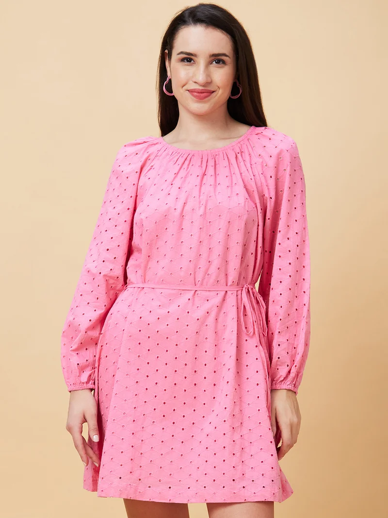 globus Women Self Design Puff Sleeves Schiffli Pure Cotton Fit & Flare Dress