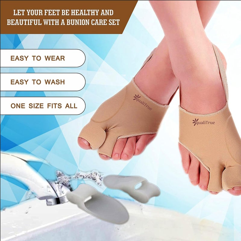 QualiTrue Toe Separator Bunion Corrector For Women Free Silicone Guard Bunion Thumb Corrector Plantar Fasciitis Relief Product Gel Pad Cushion, Toe Brace, Spacers, Bunion Splint Hallux Valgus Fits With Shoes And Socks Uk4 To Uk8 (2 Bunion Corrector + 2 Toe Separaor) - Image 5