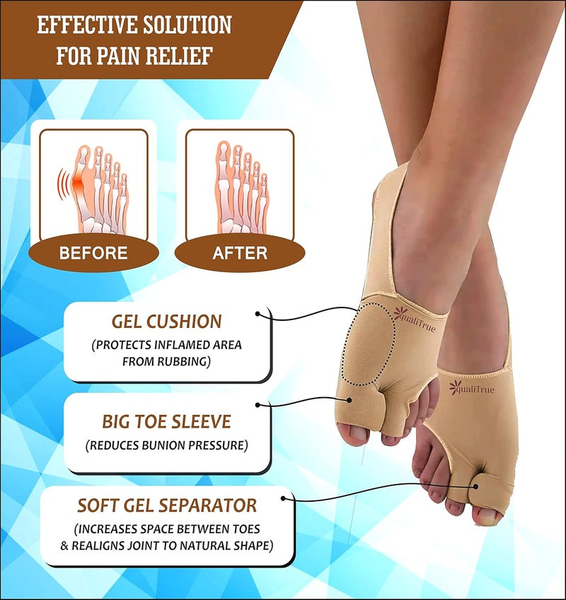 QualiTrue Toe Separator Bunion Corrector For Women Free Silicone Guard Bunion Thumb Corrector Plantar Fasciitis Relief Product Gel Pad Cushion, Toe Brace, Spacers, Bunion Splint Hallux Valgus Fits With Shoes And Socks Uk4 To Uk8 (2 Bunion Corrector + 2 Toe Separaor) - Image 3