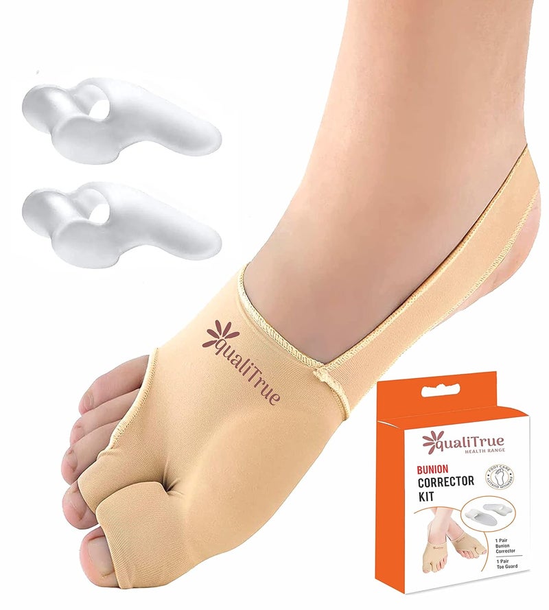 QualiTrue Toe Separator Bunion Corrector For Women Free Silicone Guard Bunion Thumb Corrector Plantar Fasciitis Relief Product Gel Pad Cushion, Toe Brace, Spacers, Bunion Splint Hallux Valgus Fits With Shoes And Socks Uk4 To Uk8 (2 Bunion Corrector + 2 Toe Separaor) - Image 1