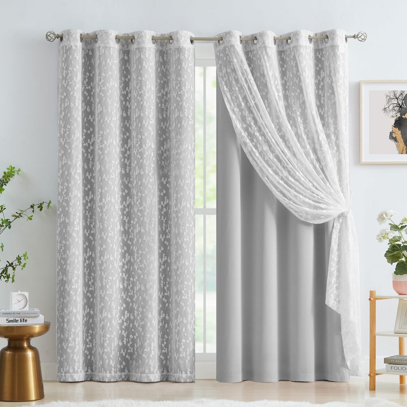 Jubilantex Gray Mix Matched Curtains Leaf Sheer Lace 2 Panels  2 Full Blackout Curtains 100 Percent Room Darkening Curtains for Bedroom Living Room Grommet Top Design 52 W x 63 LGrey  White