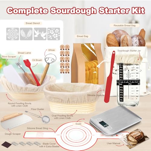 YONILL Sourdough Starter Kit with Scale, Glass Jar and Banneton Bread Proofing Basket - Complete Sourdough Bread Baking Supplies, Sour Dough Making Essentials Tools, Gift for Bakers Beiginner Women Wife Mom - Image 2