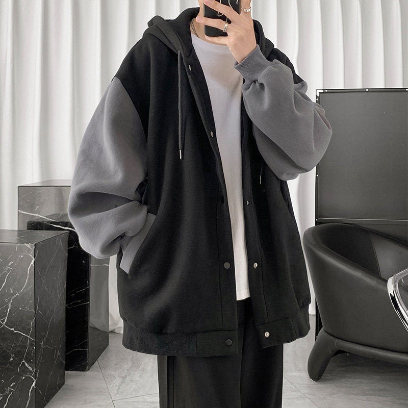 Hong Kong Style Casual Cardigan Jacket Mens 2024 Autumn New Korean Style Fashionable Stitching Loose Hooded Sweater Couple Clothes Grey  - Image 3