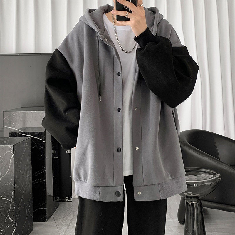 Hong Kong Style Casual Cardigan Jacket Mens 2024 Autumn New Korean Style Fashionable Stitching Loose Hooded Sweater Couple Clothes Grey  - Image 1