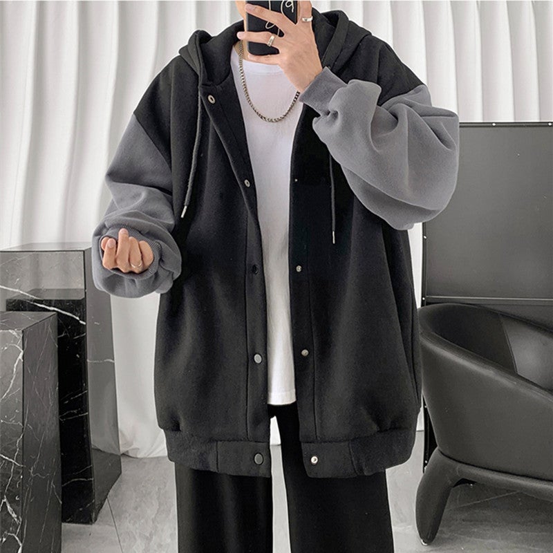 Hong Kong Style Casual Cardigan Jacket Mens 2024 Autumn New Korean Style Fashionable Stitching Loose Hooded Sweater Couple Clothes Grey  - Image 5