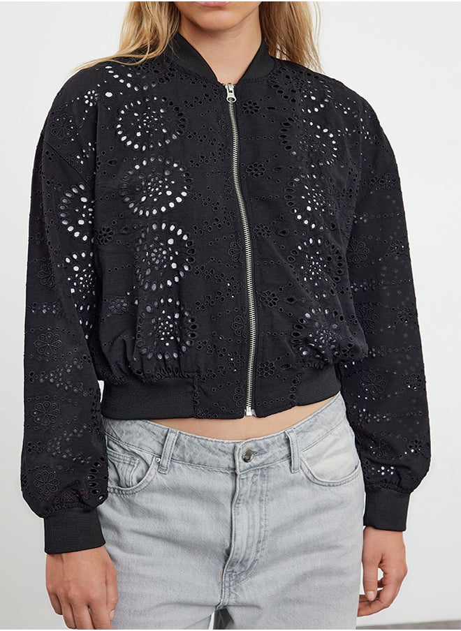 trendyol Black Oversize Embroidery Thin Bomber Coat TWOSS24MO00061  - Image 4
