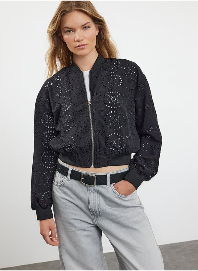trendyol Black Oversize Embroidery Thin Bomber Coat TWOSS24MO00061  - Image 2