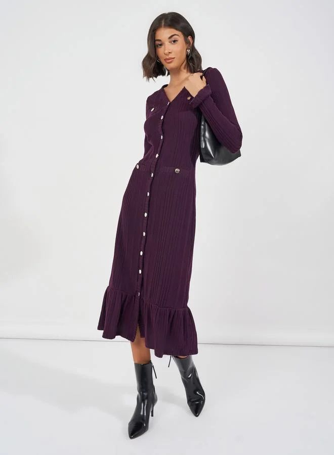 Styli Textured Knit Sweater Midi Dress with Button Detail