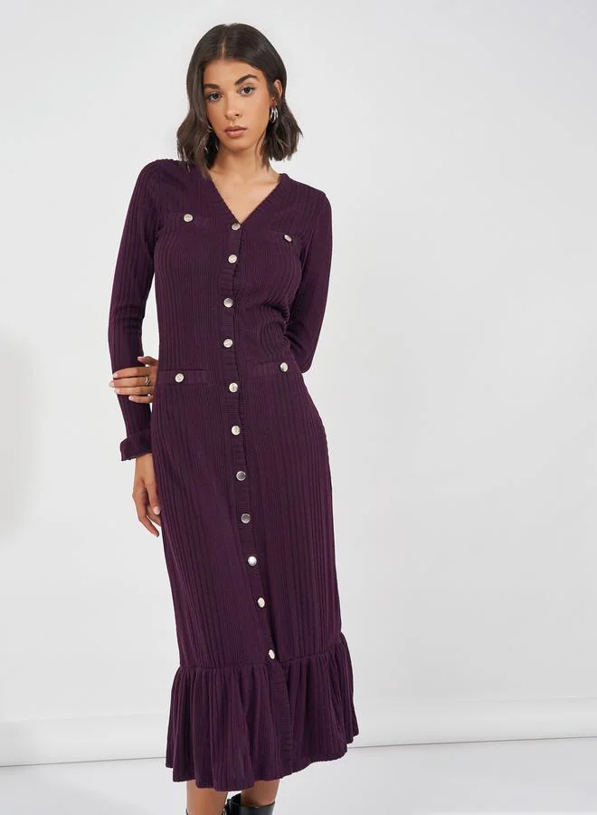 Styli Textured Knit Sweater Midi Dress with Button Detail
