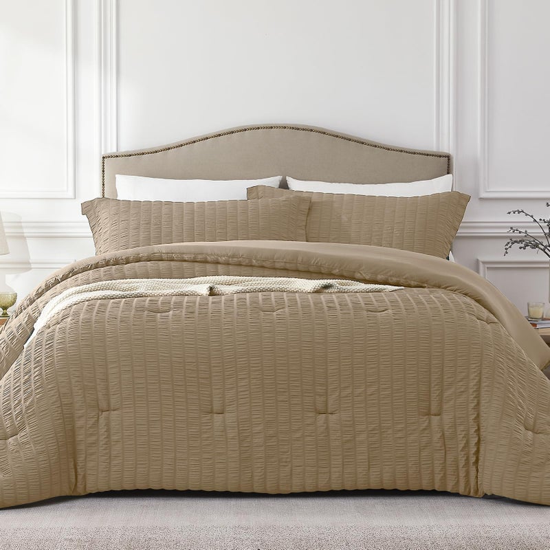 Quataly Brown Queen Comforter Set - 3 Pieces Seersucker Lightweight Bedding Comforter Sets (1 Soft Fluffy Comforter & 2 Pillowcases) - All Seasons Cozy Modern Bed Sets - Image 1
