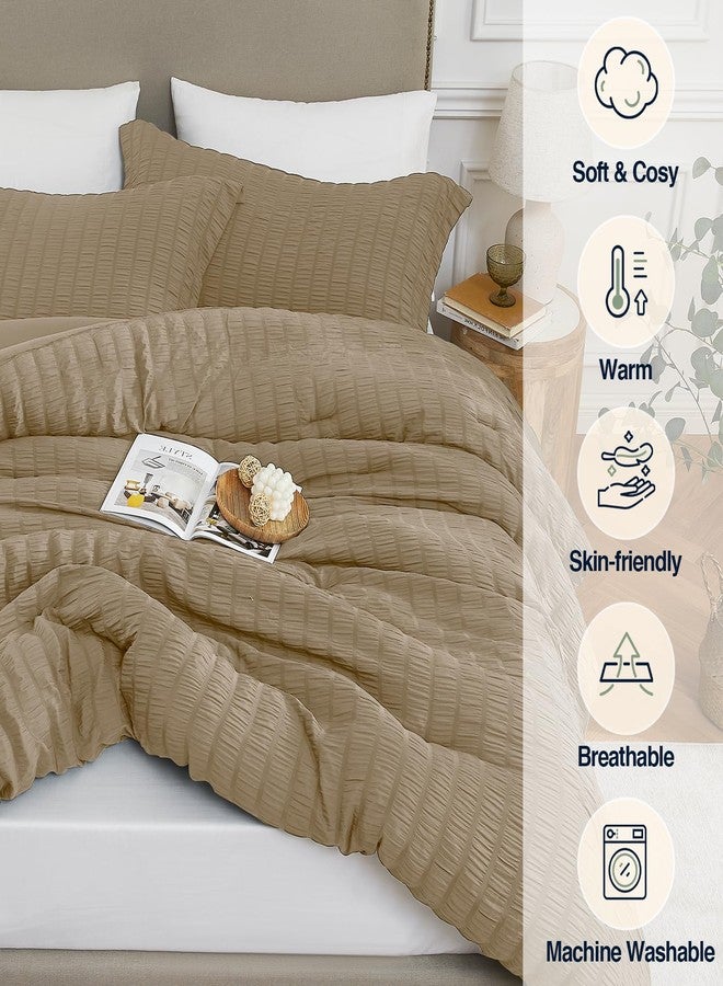 Quataly Brown Queen Comforter Set - 3 Pieces Seersucker Lightweight Bedding Comforter Sets (1 Soft Fluffy Comforter & 2 Pillowcases) - All Seasons Cozy Modern Bed Sets - Image 4