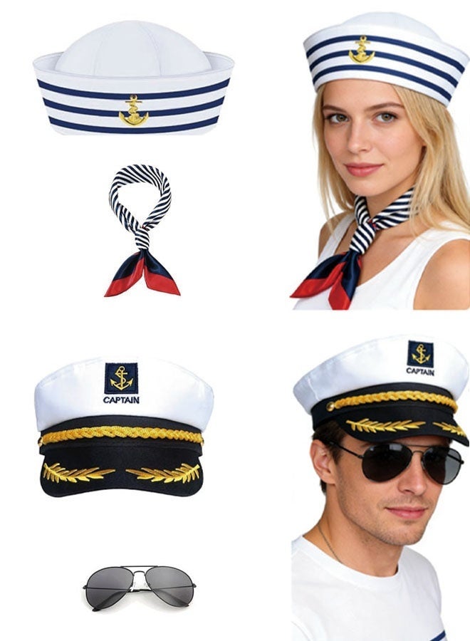 Ailily 4 Pcs Sailor Costume Accessories Set, Yacht Captain Hat, Sailor Hat, Cap Sunglasses, Scarf for Nautical Party, Cosplay, Halloween Dressing Up, Marine Outfit for Men and Women - Image 1