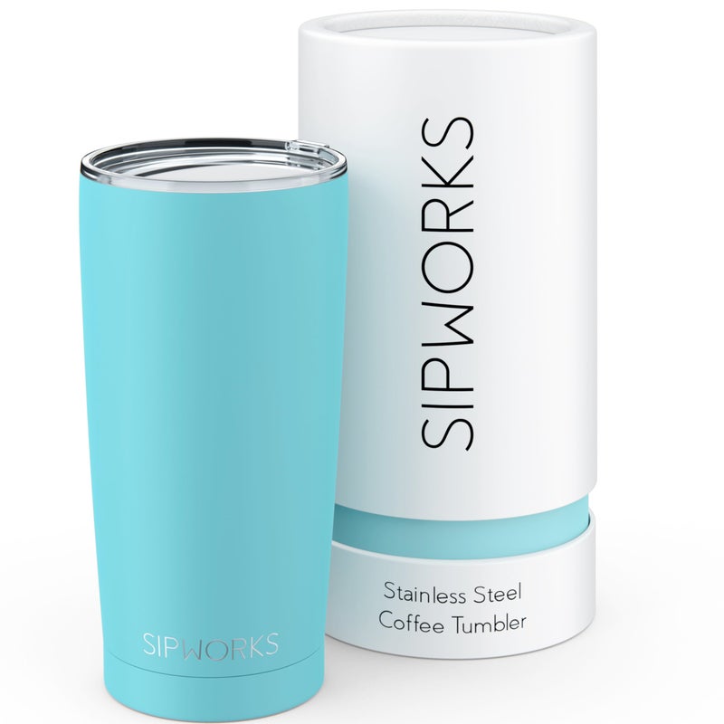 Sipworks Coffee Tumblers with Lids - 20z Stainless Steel Coffee Tumbler with Double Walled Vacuum Insulation for Hot & Cold Drinks - Spill Resistant Travel Insulated Coffee Tumbler - Aquamarine - Image 1
