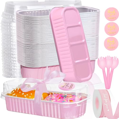 BZIDII 50 Pack Mini Loaf Pans with Lids and Spoons 68 Oz Mini Cake Pans with Lids for BakingPink Disposable Rectangle Aluminum Foil Loaf Pan with Ribbon StickersSmall Cake Containers TinPink - Image 1