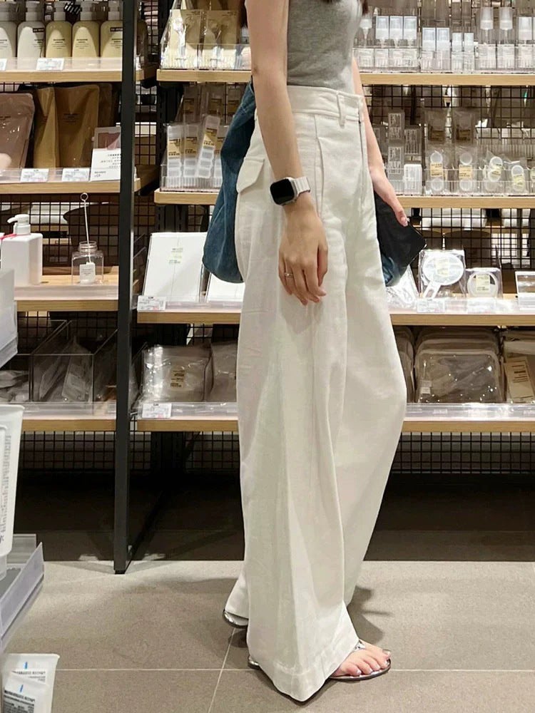 2025 Early Spring New Style White Cotton And Linen Wide-Leg Pants For Small Men High Waist Dosing Slimming Straight Casual Pants Women'S Clothing - Image 1