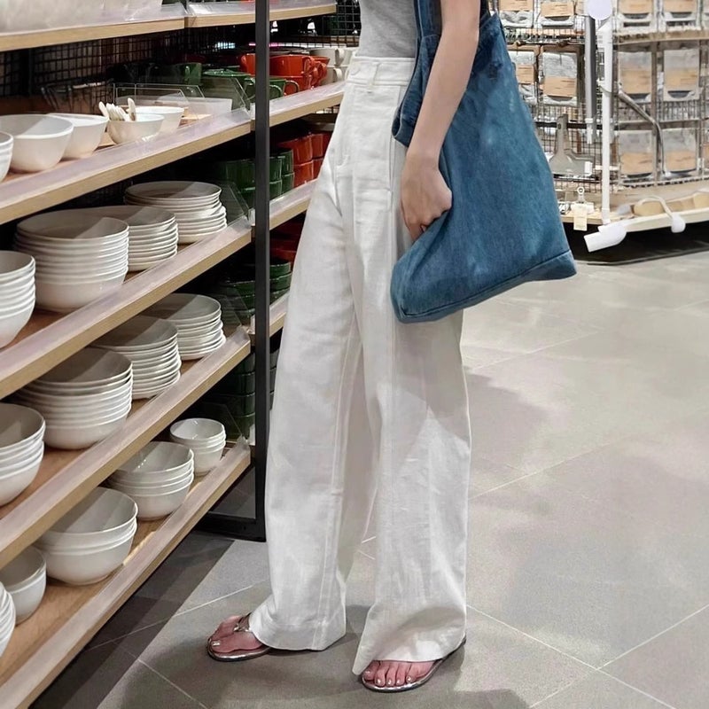 2025 Early Spring New Style White Cotton And Linen Wide-Leg Pants For Small Men High Waist Dosing Slimming Straight Casual Pants Women'S Clothing - Image 4
