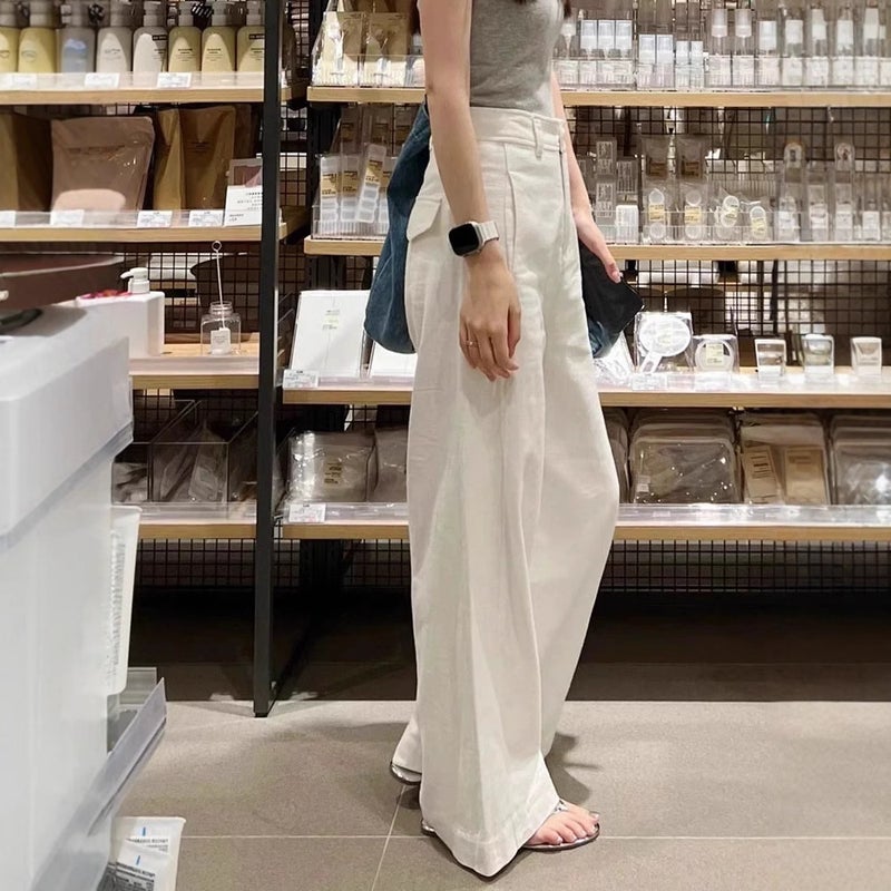 2025 Early Spring New Style White Cotton And Linen Wide-Leg Pants For Small Men High Waist Dosing Slimming Straight Casual Pants Women'S Clothing - Image 3