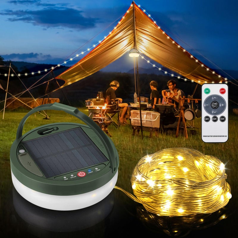 Anpro Solar Camping String Lights 4 in 1 394Ft Ultra Long String with 150LEDs 3600mAh Solar Powered and USB Rechargeable Light with Remote Control Portable Camping Light for Hiking Decorations