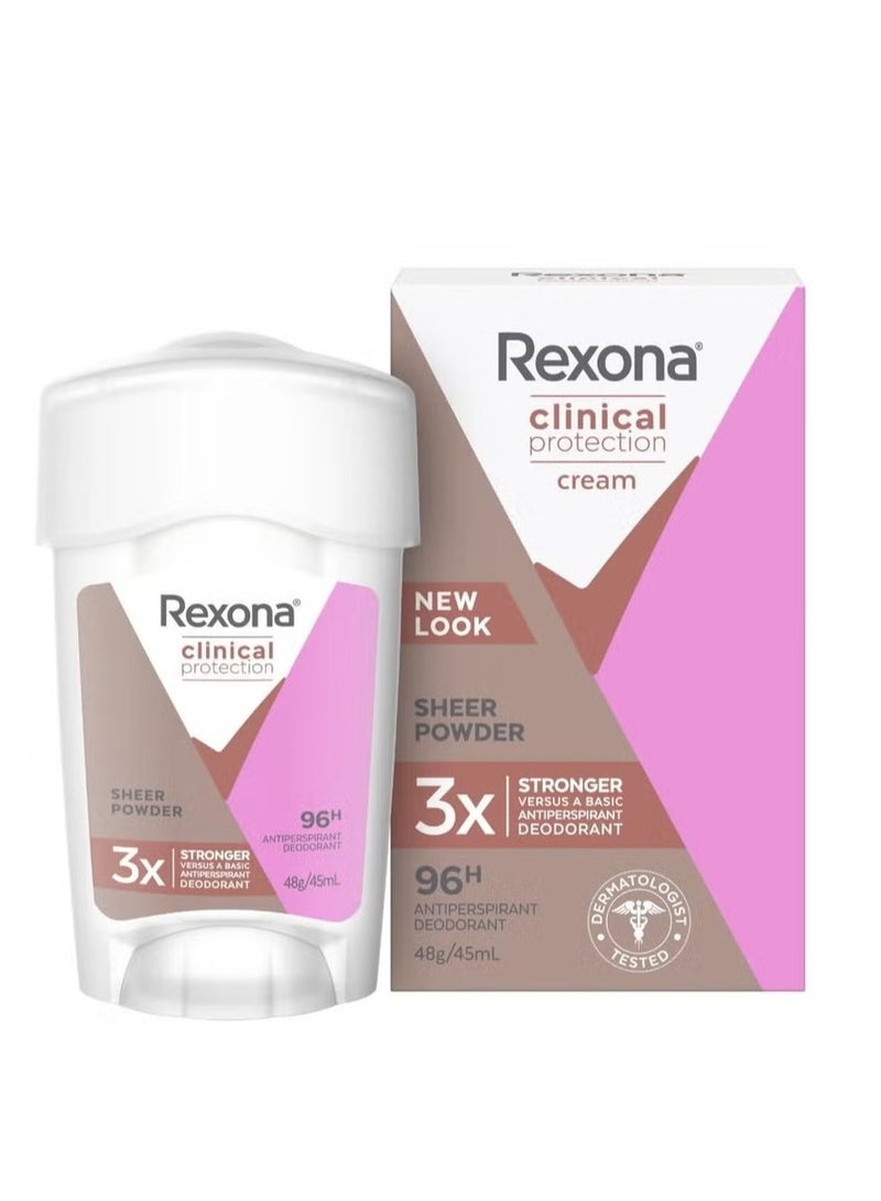 Women Clinical Protection Antiperspirant Cream Sheer Powder provides 96 hours 45 ml