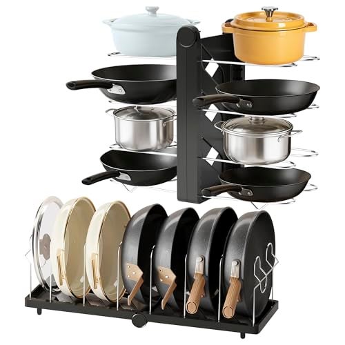 CEHNCEH Foldable Pots and Pans Organizer Under Cabinet 28.5" L x 9.1" W x 9.9" H Expanded, Folds Flat Adjustable 8-Tier Stainless Steel Dividers Kitchen Cabinet Cookware Baking Frying Rack (Black) - Image 1