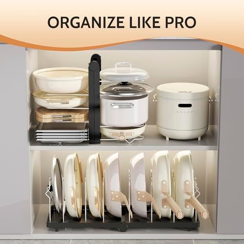 CEHNCEH Foldable Pots and Pans Organizer Under Cabinet 28.5" L x 9.1" W x 9.9" H Expanded, Folds Flat Adjustable 8-Tier Stainless Steel Dividers Kitchen Cabinet Cookware Baking Frying Rack (Black) - Image 2