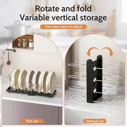 CEHNCEH Foldable Pots and Pans Organizer Under Cabinet 28.5" L x 9.1" W x 9.9" H Expanded, Folds Flat Adjustable 8-Tier Stainless Steel Dividers Kitchen Cabinet Cookware Baking Frying Rack (Black) - Image 3