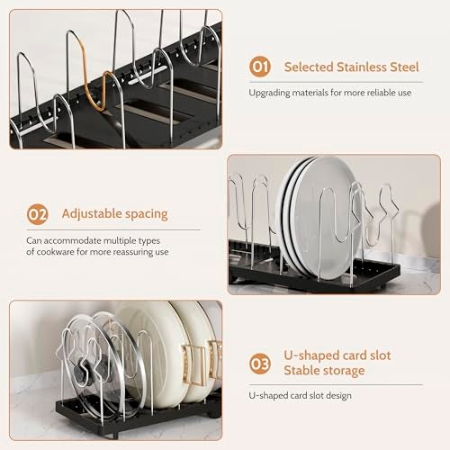 CEHNCEH Foldable Pots and Pans Organizer Under Cabinet 28.5" L x 9.1" W x 9.9" H Expanded, Folds Flat Adjustable 8-Tier Stainless Steel Dividers Kitchen Cabinet Cookware Baking Frying Rack (Black) - Image 5