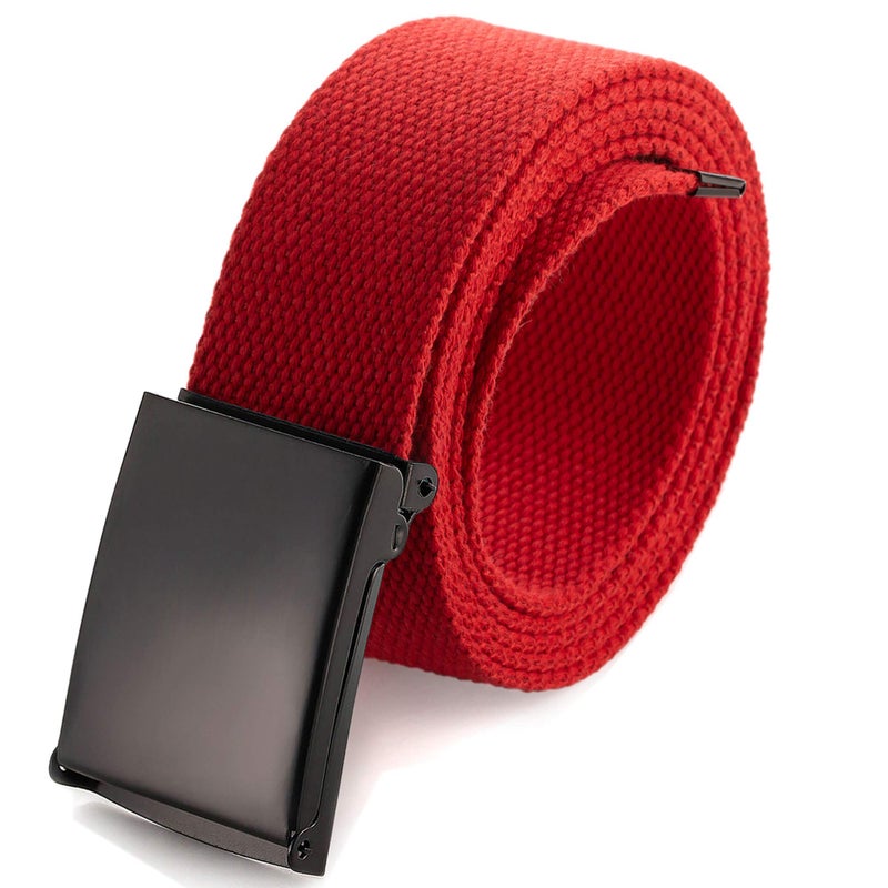 Mile High Life Cut To Fit Canvas Web Belt Size Up to 52" with Flip-Top Solid Black Military Buckle (Red) - Image 1