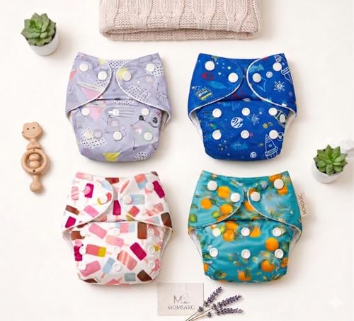 MOMSARC Premium Reusable Cloth Diapers for Baby | Washable Baby Diapers for Newborn | Free Size 3 Months - 3 Years | Leak Proof Cotton Nappy with 4 Quick Dry Pad & 4 Inserts | Rash-Free | Multicolor (Pack of 4) - Image 1