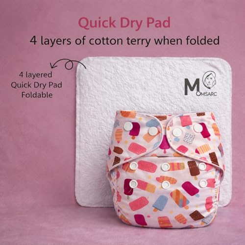 MOMSARC Premium Reusable Cloth Diapers for Baby | Washable Baby Diapers for Newborn | Free Size 3 Months - 3 Years | Leak Proof Cotton Nappy with 4 Quick Dry Pad & 4 Inserts | Rash-Free | Multicolor (Pack of 4) - Image 4
