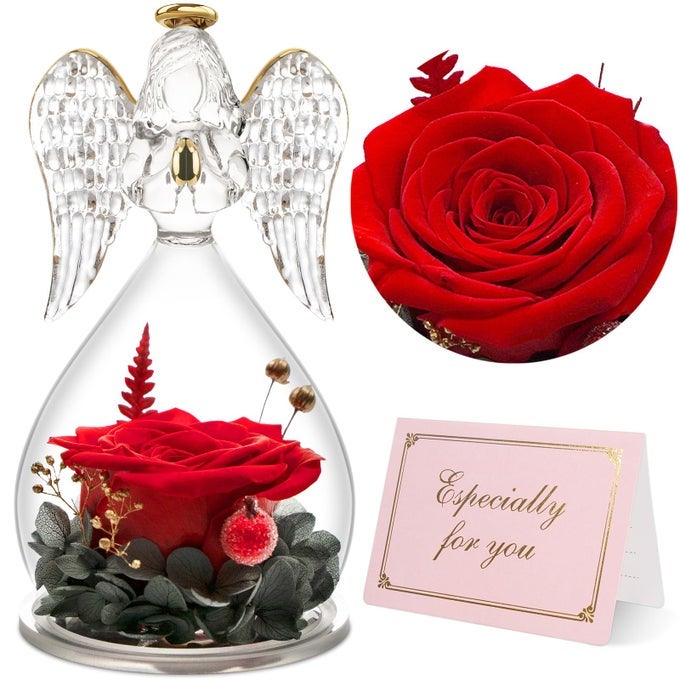 MOM BIRTHDAY GIFTS FOR MOM ANGEL FIGURINES WITH REAL ROSE GIFTS FOR HER MOM GRANDMAPRESERVED FLOWERS ROSE ANGEL FIGURINES FOR MOTHERS DAY CHRISTMAS ANNIVERSARY BIRTHDAY GIFTS FOR HER RED