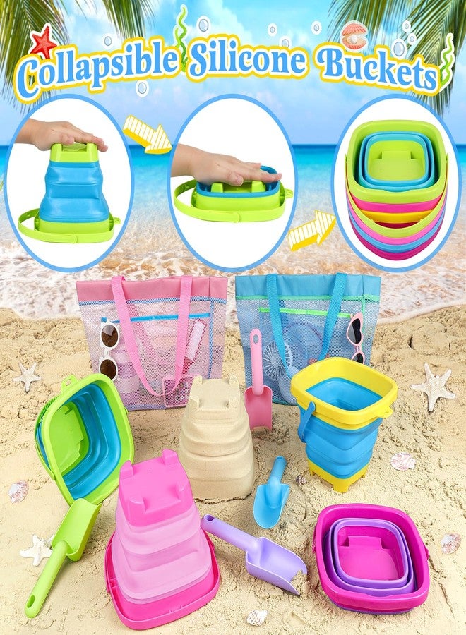TSDATOWR Collapsible Beach Buckets for Kids, 4 Packs Foldable Sand Buckets and Shovels with Mesh Beach Bag, Silicone Sand Pails for Toddlers Beach Toys, Easter Egg Hunt, Camping, Travelling, Fishing Water Pail - Image 2