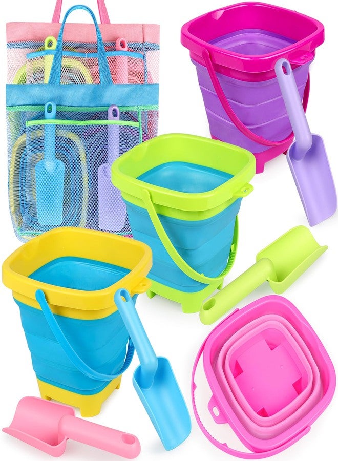 TSDATOWR Collapsible Beach Buckets for Kids, 4 Packs Foldable Sand Buckets and Shovels with Mesh Beach Bag, Silicone Sand Pails for Toddlers Beach Toys, Easter Egg Hunt, Camping, Travelling, Fishing Water Pail - Image 1