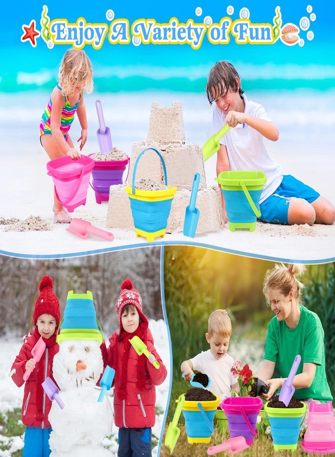 TSDATOWR Collapsible Beach Buckets for Kids, 4 Packs Foldable Sand Buckets and Shovels with Mesh Beach Bag, Silicone Sand Pails for Toddlers Beach Toys, Easter Egg Hunt, Camping, Travelling, Fishing Water Pail - Image 5