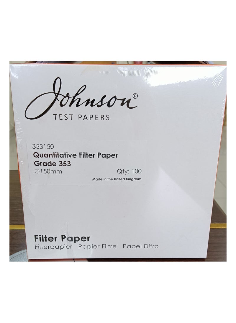 أوراق اختبار جونسون جونسون، ورق الترشيح النوعي الأقل للرماد, 353150، سليلوز، درجة 353، 0.25 مم × 150 مم، أبيض، 100/صندوق