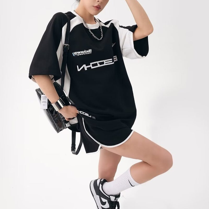 American Trendy Brand Street Style Summer Short-Sleeved T-Shirt For Women Korean Style Loose Retro Splicing Printing Niche Design Stylish - Image 3
