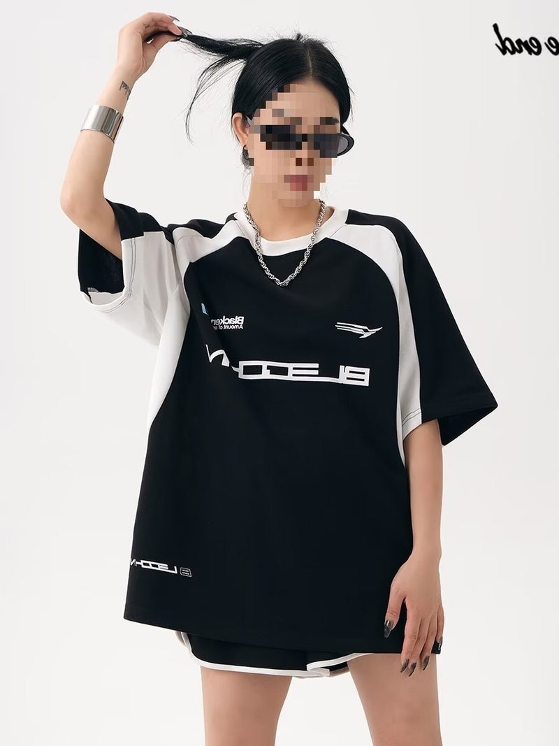 American Trendy Brand Street Style Summer Short-Sleeved T-Shirt For Women Korean Style Loose Retro Splicing Printing Niche Design Stylish - Image 1