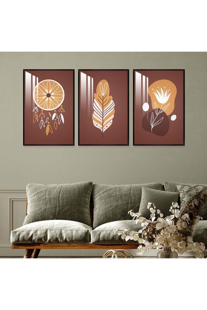 Marktna Three wooden wall painting in a bohemian art design with a frame and a clear acrylic layer. - Image 1