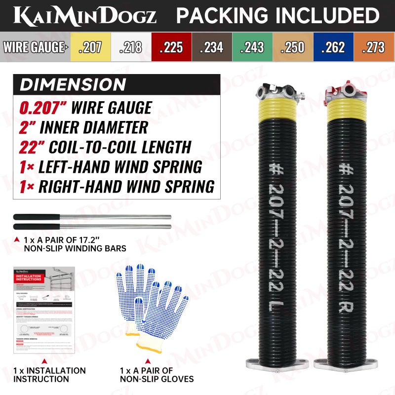 KaiMinDogz Pair of 2" Garage Door Torsion Springs Set with Non-Slip Winding Bar & Gloves,High Precision Electrophoresis Black Coated, for Replacement & Installation, MIN 16,000 Cycles (0.207x2''x22'') - Image 2